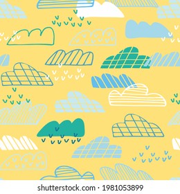 Seamless pattern with abstract yellow sky, geometric clouds, rain in cartoon style. Wallpaper, backgound for kids. Perfect for baby, toddler clothing, bed linen
