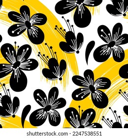 seamless pattern abstract yellow strokes on a white background and black and white flowers in the style of the mid-20th century. abstract art background with flowers. stock vector illustration. EPS 10