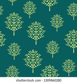 Seamless pattern with abstract yellow trees on a dark aquamarine background.Botanical print for fabric,wrapping paper,wallpaper,planners,mugs,background for your design