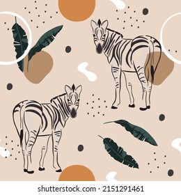 Patrón sin foco de cebra abstracta y hojas trópicas. Estilo moderno. Vector, ilustración
