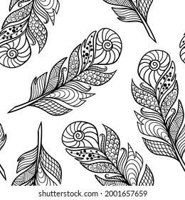Seamless pattern with abstract zenart style feathers, coloring page