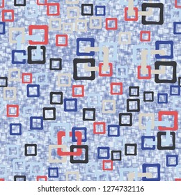 Seamless pattern. An abstraction containing colored sloppy squares. Background consisting of a hodgepodge of fragments of translucent lattices.