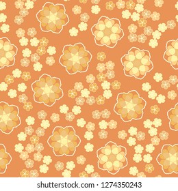 Seamless pattern. An abstraction containing large six-petal and small five-petal flowers.