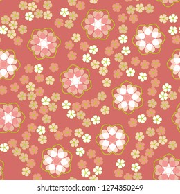 Seamless pattern. An abstraction containing large six-petal and small five-petal flowers.