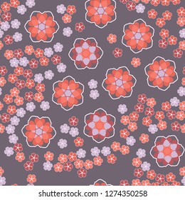 Seamless pattern. An abstraction containing large six-petal and small five-petal flowers.