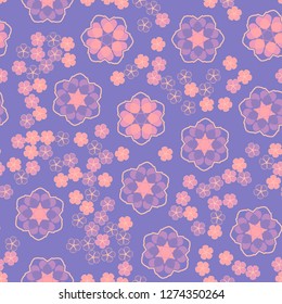 Seamless pattern. An abstraction containing large six-petal and small five-petal flowers.