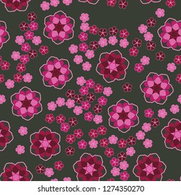 Seamless pattern. An abstraction containing large six-petal and small five-petal flowers.