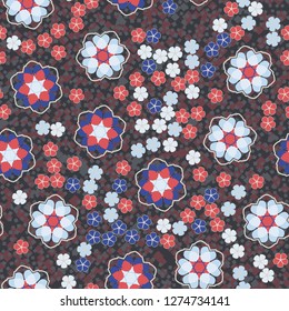 Seamless pattern. An abstraction containing large six-petal and small five-petal flowers. Background consisting of a hodgepodge of fragments of translucent lattices.
