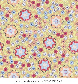 Seamless pattern. An abstraction containing large six-petal and small five-petal flowers. Background consisting of a hodgepodge of fragments of translucent lattices.