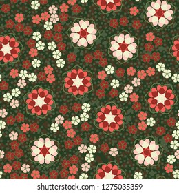 Seamless pattern. An abstraction containing large six-petal and small five-petal flowers. The background consists of small quadrangles.