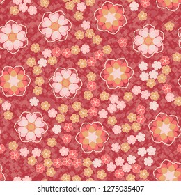 Seamless pattern. An abstraction containing large six-petal and small five-petal flowers. The background consists of small quadrangles.