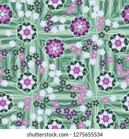 Seamless pattern. An abstraction containing large six-petal and small five-petal flowers. The background consists of large angular quadrilateral figures.
