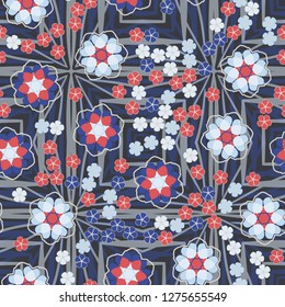 Seamless pattern. An abstraction containing large six-petal and small five-petal flowers. The background consists of large angular quadrilateral figures.