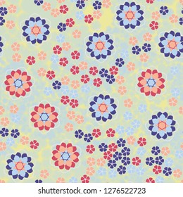Seamless pattern. An abstraction containing large six-petal and small five-petal flowers. Background consisting of translucent silhouettes of flowers.