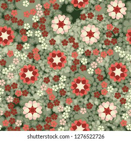 Seamless pattern. An abstraction containing large six-petal and small five-petal flowers. Background consisting of translucent silhouettes of flowers.