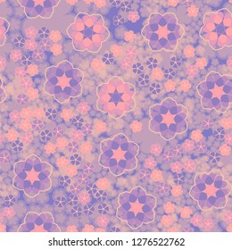 Seamless pattern. An abstraction containing large six-petal and small five-petal flowers. Background consisting of translucent silhouettes of flowers.