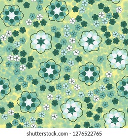 Seamless pattern. An abstraction containing large six-petal and small five-petal flowers. Background consisting of translucent silhouettes of flowers.