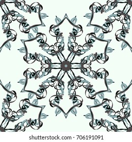 Seamless pattern. Abstraction. Fantastic colored snowflakes arranged in diagonal rows. Wallpaper for backgrounds on sites, desktops. Drawing for children's and women's textiles. Green-gray.