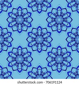 Seamless pattern. Abstraction. Fantastic colored snowflakes arranged in diagonal rows. Wallpaper for backgrounds on sites, desktops. Drawing for children's and women's textiles. Blue colors.
