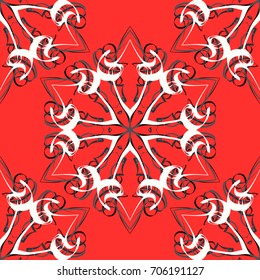 Seamless pattern. Abstraction. Fantastic colored snowflakes arranged in diagonal rows. Wallpaper for backgrounds on sites, desktops. Drawing for children's and women's textiles. Red, gray, white.