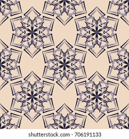 Seamless pattern. Abstraction. Fantastic colored snowflakes arranged in diagonal rows. Wallpaper for backgrounds on sites, desktops. Drawing for children's and women's textiles. Beige, gray, black.