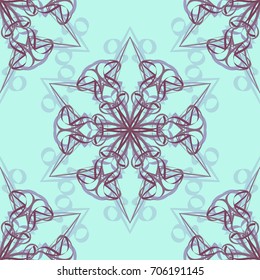 Seamless pattern. Abstraction. Fantastic colored snowflakes arranged in diagonal rows. Wallpaper for backgrounds on sites, desktops. Drawing for children's and women's textiles. Brown & blue-green.