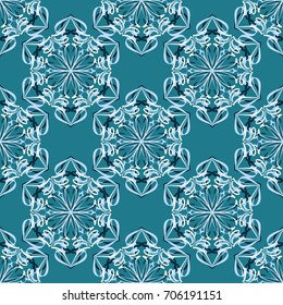 Seamless pattern. Abstraction. Fantastic colored snowflakes arranged in diagonal rows. Wallpaper for backgrounds on sites, desktops. Drawing for children's and women's textiles. Blue tones and white.