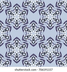 Seamless pattern. Abstraction. Fantastic colored snowflakes arranged in diagonal rows. Wallpaper for backgrounds on sites, desktops. Drawing for children's and women's textiles. Gray tones  and black.