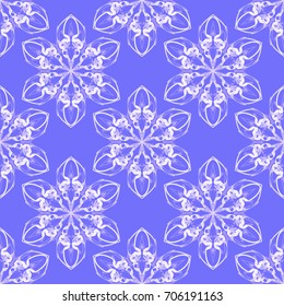 Seamless pattern. Abstraction. Fantastic colored snowflakes arranged in diagonal rows. Wallpaper for backgrounds on sites, desktops. Drawing for children's and women's textiles. Bright blue and white.