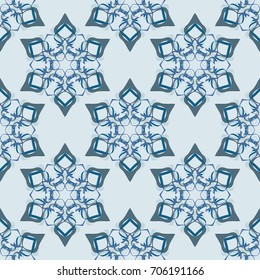 Seamless pattern. Abstraction. Fantastic colored snowflakes arranged in diagonal rows. Wallpaper for backgrounds on sites, desktops. Drawing for children's and women's textiles. Light blue, gray.