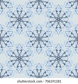 Seamless pattern. Abstraction. Fantastic colored snowflakes arranged in diagonal rows. Wallpaper for backgrounds on sites, desktops. Drawing for children's and women's textiles. Light blue and back.