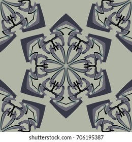 Seamless pattern. Abstraction. Fantastic colored snowflakes arranged in diagonal rows. Wallpaper for backgrounds on sites, desktops. Drawing for children's and women's textiles. Khaki-gray & black.