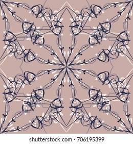 Seamless pattern. Abstraction. Fantastic colored snowflakes arranged in diagonal rows. Wallpaper for backgrounds on sites, desktops. Drawing for children's and women's textiles. Beige, gray & white.
