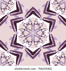 Seamless pattern. Abstraction. Fantastic colored snowflakes arranged in diagonal rows. Wallpaper for backgrounds on sites, desktops. Drawing for children's and women's textiles. Beige, brown, purple.