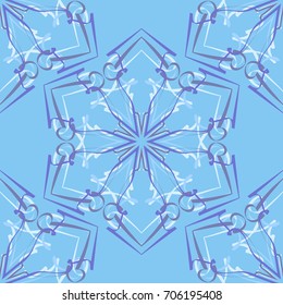 Seamless pattern. Abstraction. Fantastic colored snowflakes arranged in diagonal rows. Wallpaper for backgrounds on sites, desktops. Drawing for children's and women's textiles. Blue tones & gray.