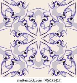 Seamless pattern. Abstraction. Fantastic colored snowflakes arranged in diagonal rows. Wallpaper for backgrounds on sites, desktops. Drawing for children's and women's textiles. Beige, purple, black.