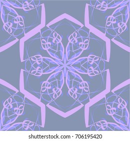 Seamless pattern. Abstraction. Fantastic colored snowflakes arranged in diagonal rows. Wallpaper for backgrounds on sites, desktops. Drawing for children's and women's textiles. Gray-pink.