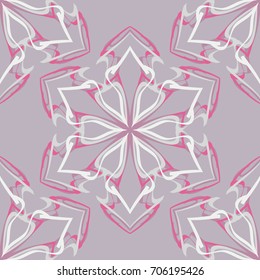 Seamless pattern. Abstraction. Fantastic colored snowflakes arranged in diagonal rows. Wallpaper for backgrounds on sites, desktops. Drawing for children's and women's textiles. Gray, pink, white.