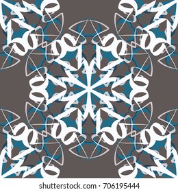 Seamless pattern. Abstraction. Fantastic colored snowflakes arranged in diagonal rows. Wallpaper for backgrounds on sites, desktops. Drawing for children's and women's textiles. Gray, blue & white.