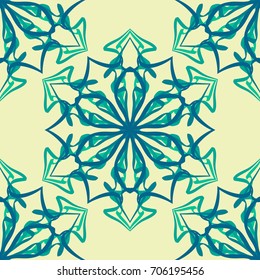 Seamless pattern. Abstraction. Fantastic colored snowflakes arranged in diagonal rows. Wallpaper for backgrounds on sites, desktops. Drawing for children's and women's textiles. Yellow-green-blue.