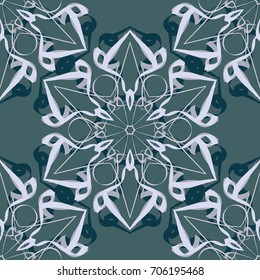 Seamless pattern. Abstraction. Fantastic colored snowflakes arranged in diagonal rows. Wallpaper for backgrounds on sites, desktops. Drawing for children's and women's textiles. Gray and blue colors.