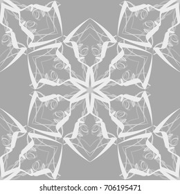 Seamless pattern. Abstraction. Fantastic colored snowflakes arranged in diagonal rows. Wallpaper for backgrounds on sites, desktops. Drawing for children's and women's textiles. Gray & white.