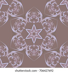 Seamless pattern. Abstraction. Fantastic colored snowflakes arranged in diagonal rows. Wallpaper for backgrounds on sites, desktops. Drawing for children's and women's textiles. Gray-blue-brown.
