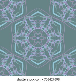 Seamless pattern. Abstraction. Fantastic colored snowflakes arranged in diagonal rows. Wallpaper for backgrounds on sites, desktops. Drawing for children's and women's textiles. Pink, blue-green.