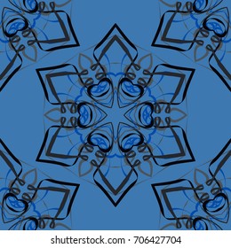 Seamless pattern. Abstraction. Fantastic colored snowflakes arranged in diagonal rows. Wallpaper for backgrounds on sites, desktops. Drawing for children's and women's textiles. Black, gray, blue.