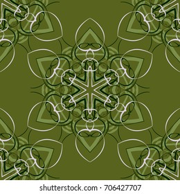 Seamless pattern. Abstraction. Fantastic colored snowflakes arranged in diagonal rows. Wallpaper for backgrounds on sites, desktops. Drawing for children's and women's textiles. Khaki & white colors.
