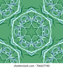 Seamless pattern. Abstraction. Fantastic colored snowflakes arranged in diagonal rows. Wallpaper for backgrounds on sites, desktops. Drawing for children's and women's textiles. Green, gray, blue.