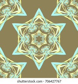 Seamless pattern. Abstraction. Fantastic colored snowflakes arranged in diagonal rows. Wallpaper for backgrounds on sites, desktops. Drawing for children's and women's textiles. Khaki, yellow,  blue.