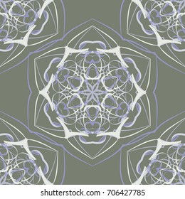 Seamless pattern. Abstraction. Fantastic colored snowflakes arranged in diagonal rows. Wallpaper for backgrounds on sites, desktops. Drawing for children's and women's textiles. Gray, blue, beige.