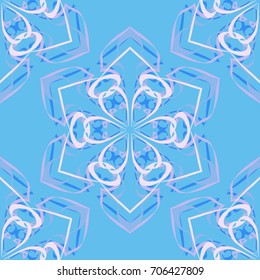 Seamless pattern. Abstraction. Fantastic colored snowflakes arranged in diagonal rows. Wallpaper for backgrounds on sites, desktops. Drawing for children's and women's textiles. Blue & white tones.